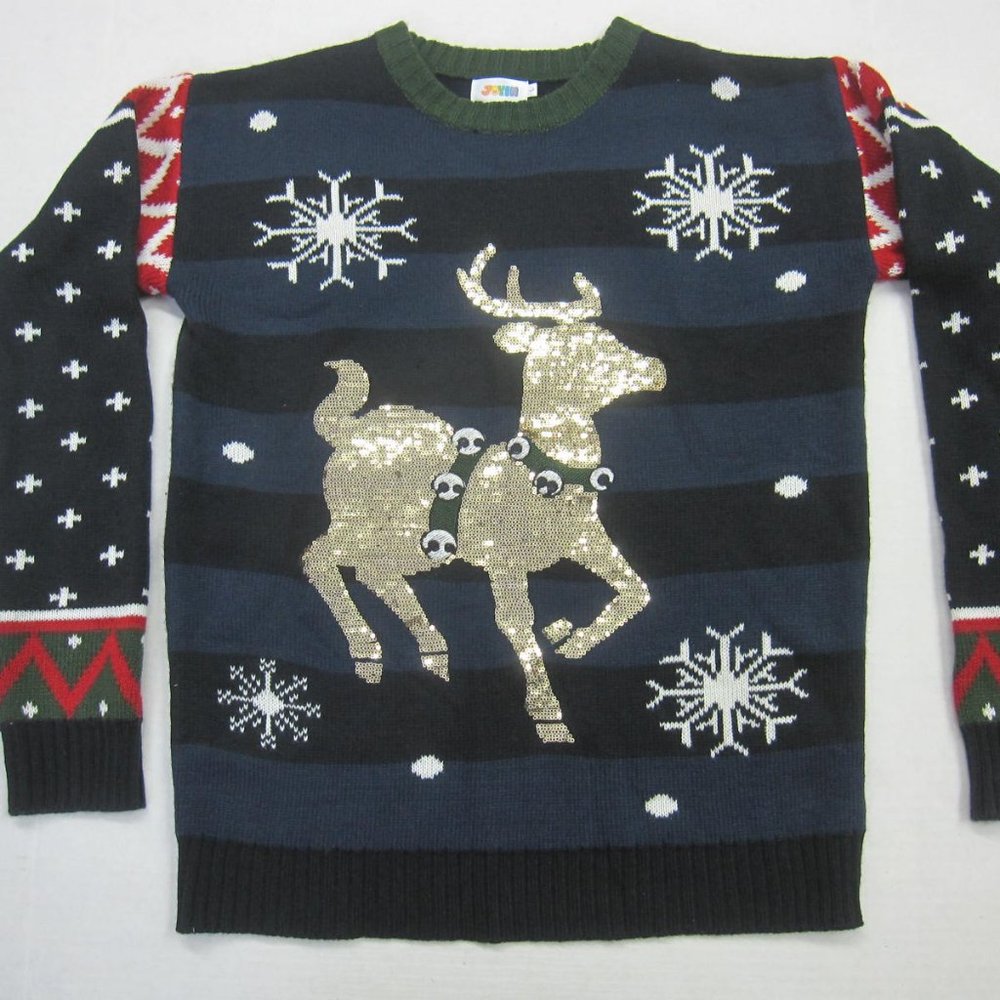 Christmas Reindeer Sweater Sequin Snowlfake Stripe